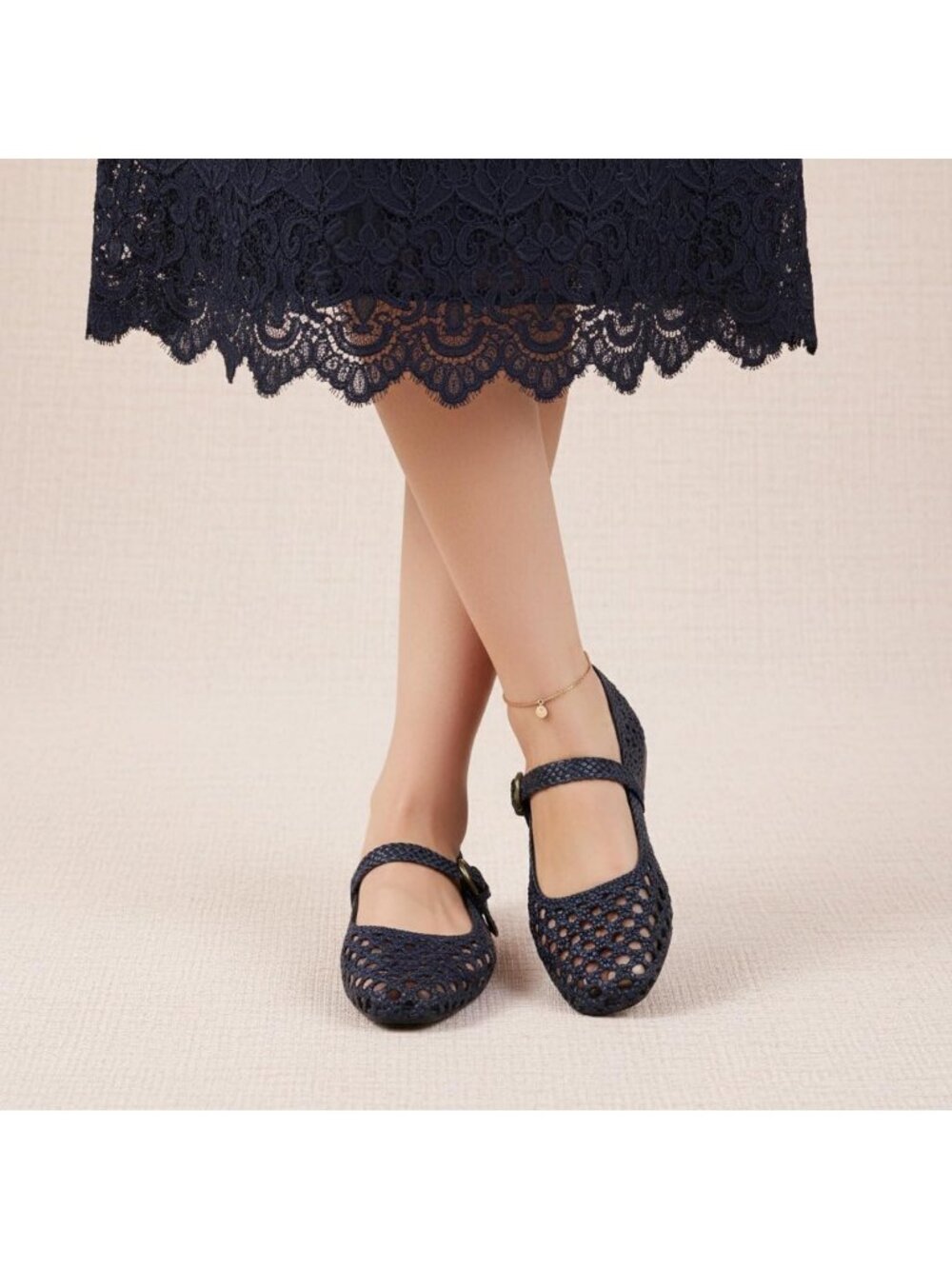 Women's Navy Woven Comfortable Braided Adjustable Buckle Mary Jane Ballet Flats - Picture 6 of 6